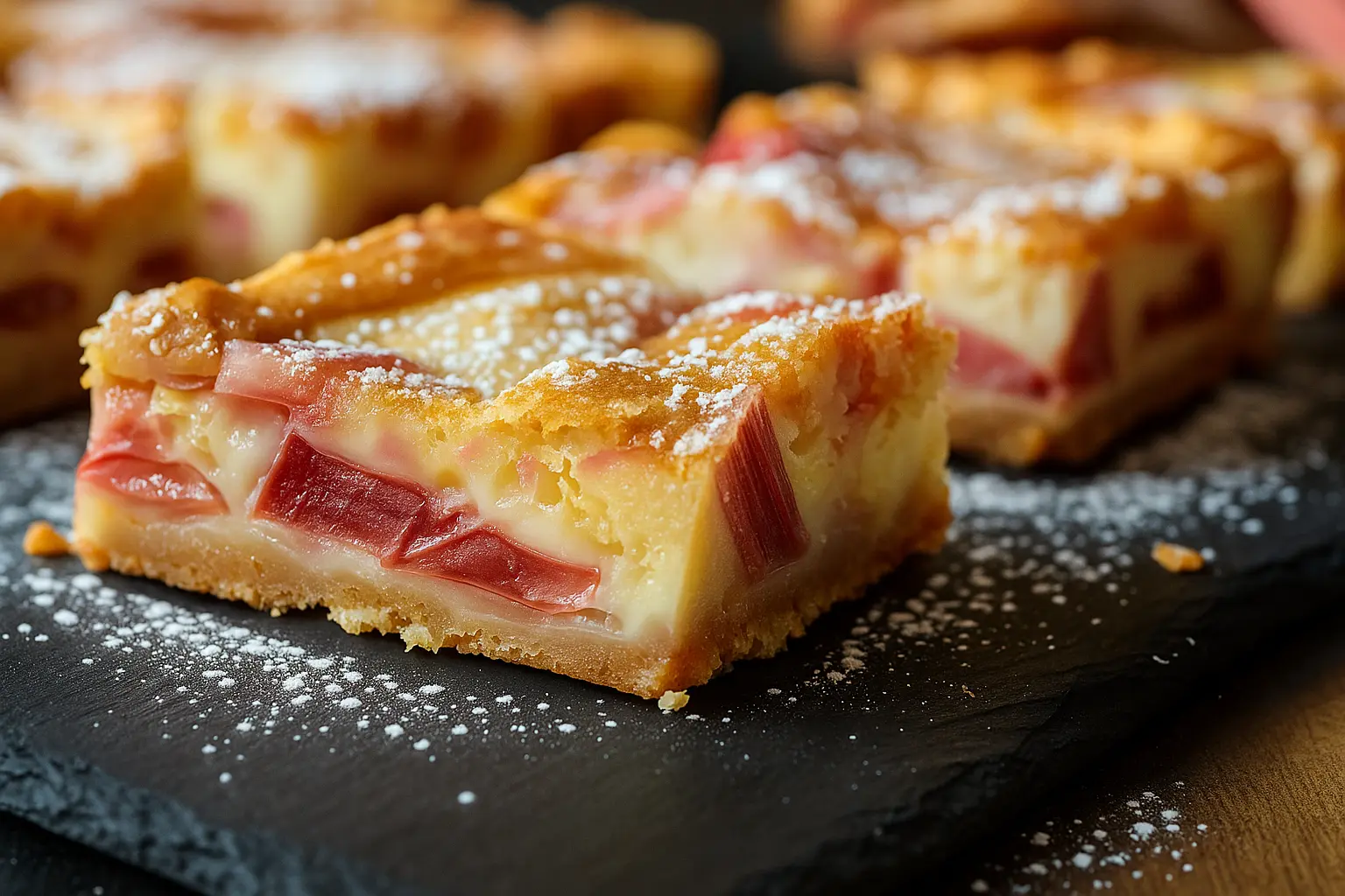 Homemade Rhubarb Custard Bars with buttery crust and tangy-sweet filling - Tyla's signature spring dessert