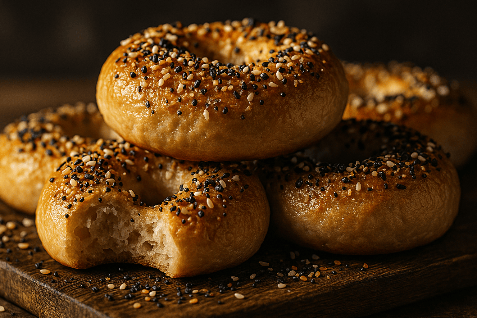A close-up, professionally lit food photograph of 3-Ingredient Magic Bagels on a rustic wooden board. The focus is on the delicious textures of the bagels, like their golden crust and sprinkle of everything seasoning, against a softly blurred background.
