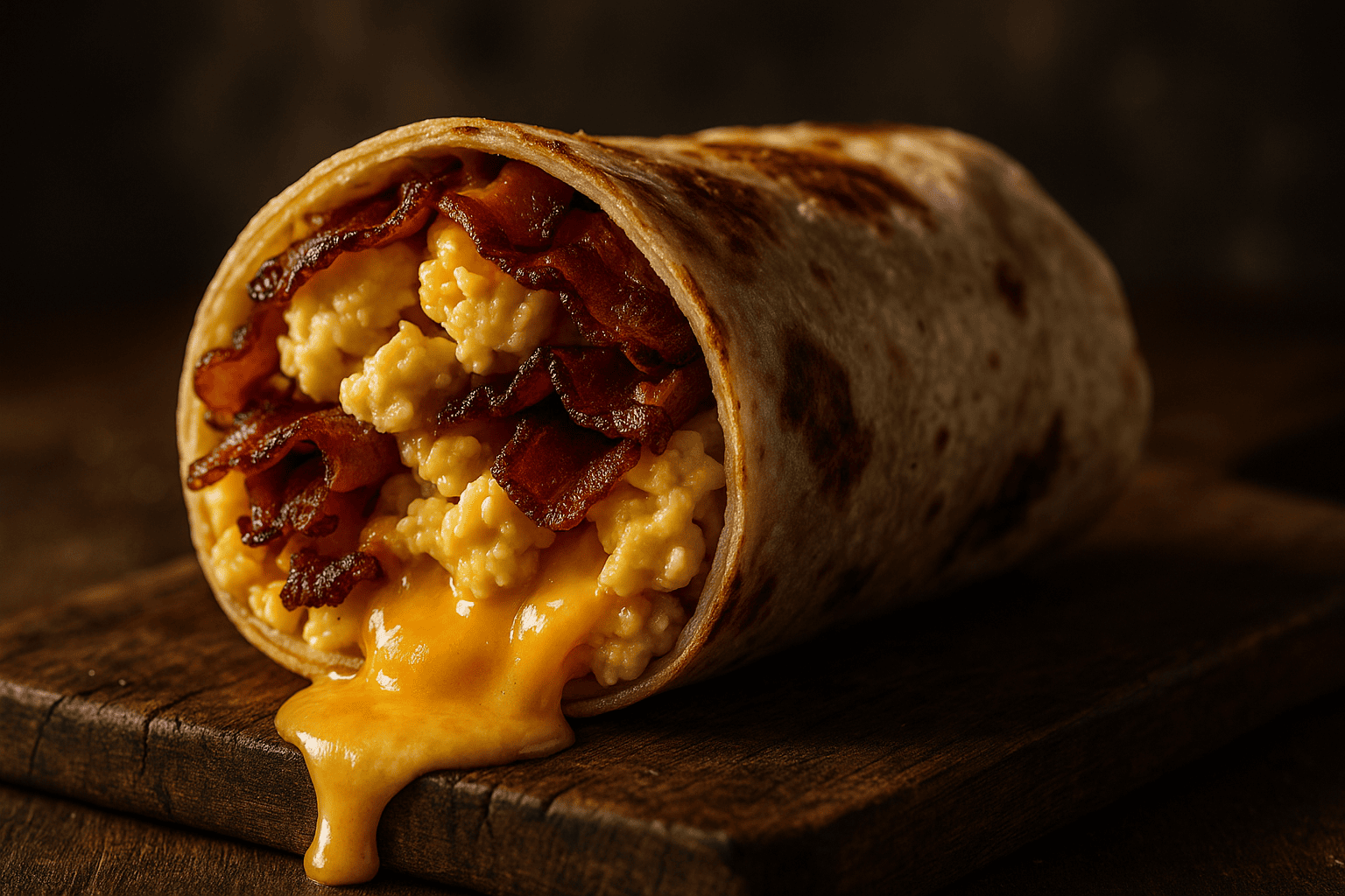 A close-up, professionally lit food photograph of a Bacon Egg Cheese Breakfast Burrito served on a rustic wooden board. The focus is on the delicious textures of the food, like crispy bacon and melted cheese, against a softly blurred background.