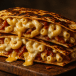 A close-up, professionally lit food photograph of a Bacon Ranch Mac & Cheese Quesadilla on a rustic wooden board. The focus is on the delicious textures, like the crispy tortilla and gooey cheese, against a softly blurred background.
