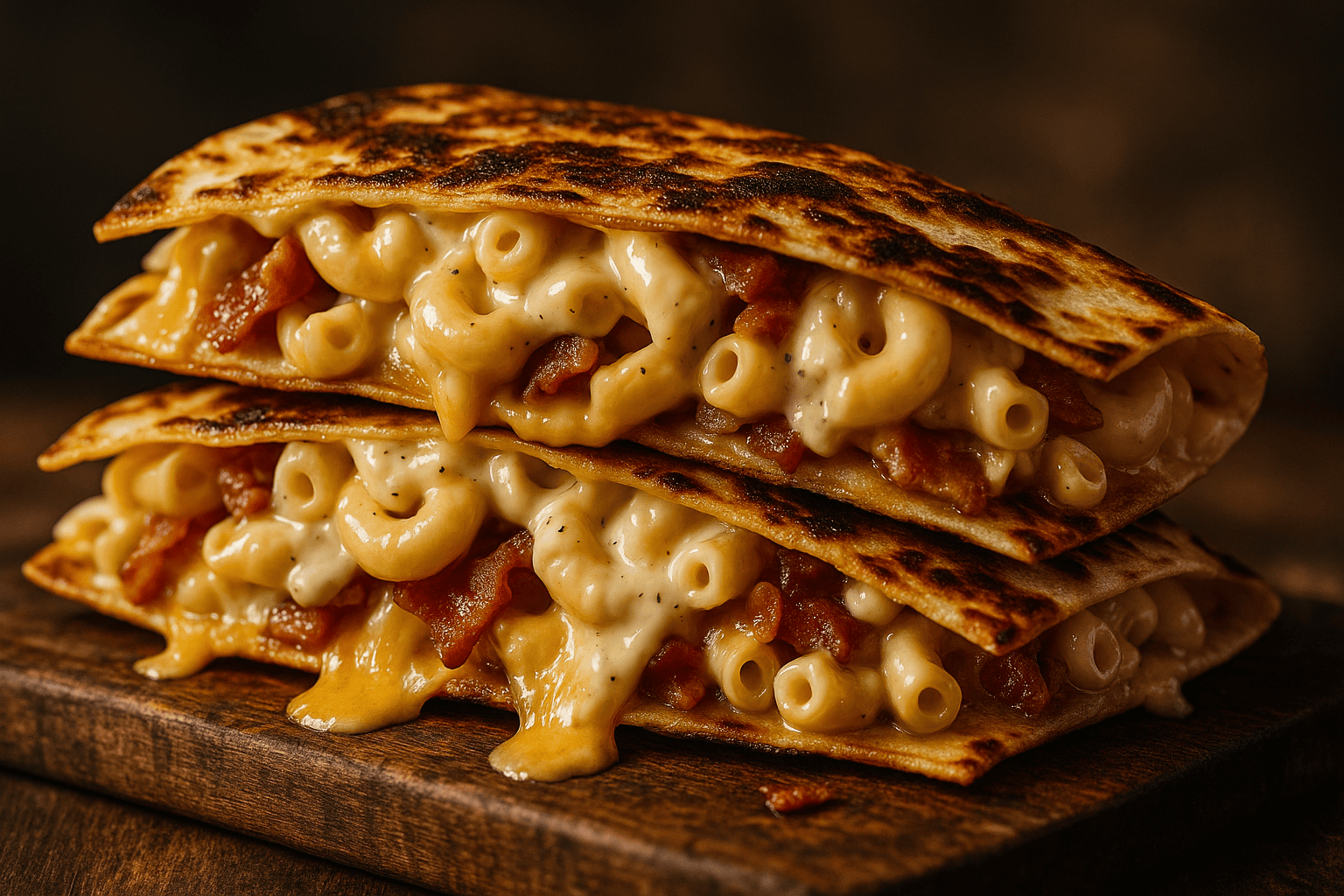 A close-up, professionally lit food photograph of a Bacon Ranch Mac & Cheese Quesadilla on a rustic wooden board. The focus is on the delicious textures, like the crispy tortilla and gooey cheese, against a softly blurred background.