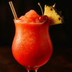 A close-up, professionally lit food photograph of a Bahama Mama Cocktail served in a hurricane glass with a pineapple wedge and cherry garnish. The focus is on the delicious textures of the slushy drink against a softly blurred background.