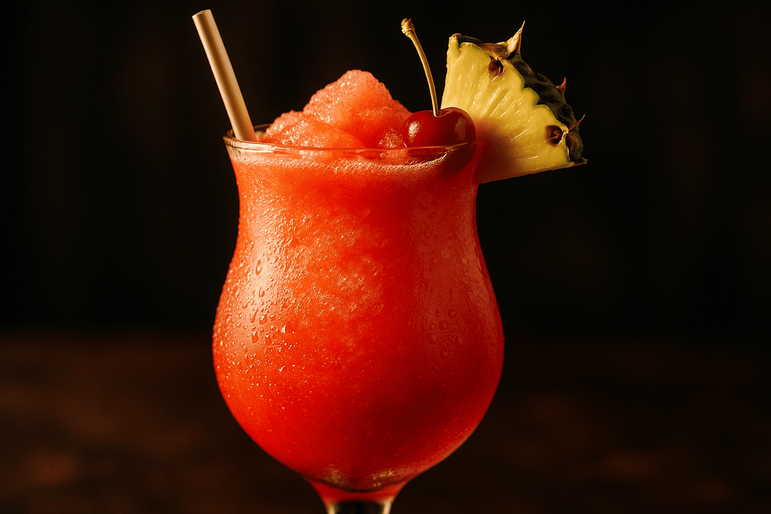 A close-up, professionally lit food photograph of a Bahama Mama Cocktail served in a hurricane glass with a pineapple wedge and cherry garnish. The focus is on the delicious textures of the slushy drink against a softly blurred background.