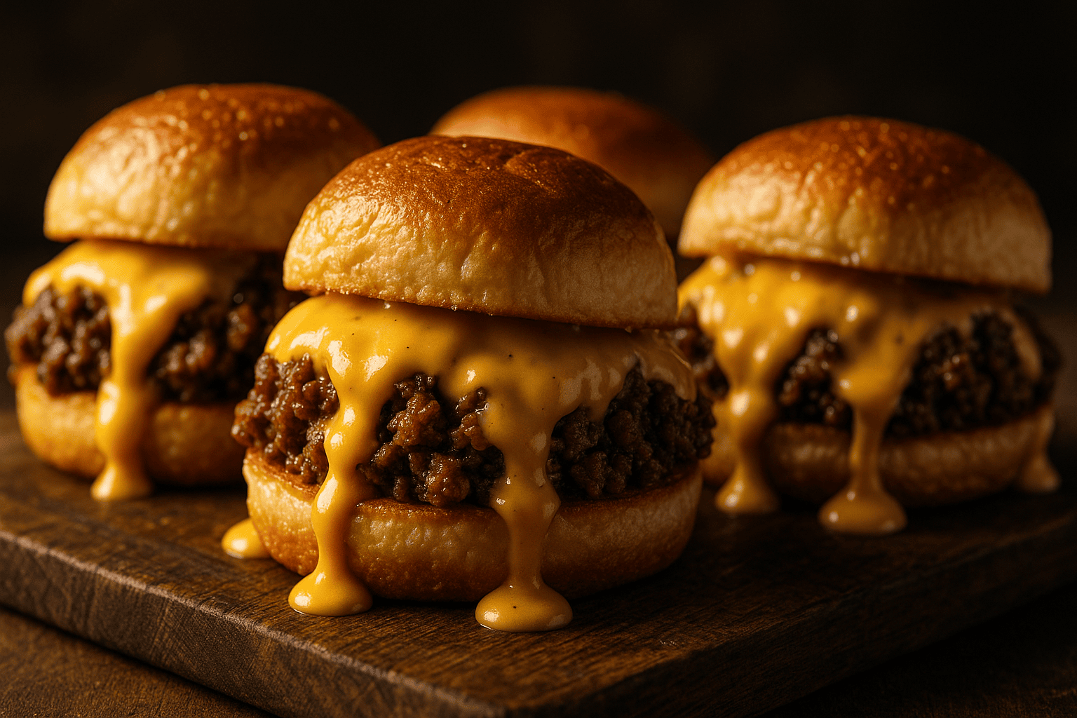 Close-up food photo of Beef and Cheddar Sliders on a rustic wooden board, highlighting textures like golden rolls and melted cheese against a soft background.