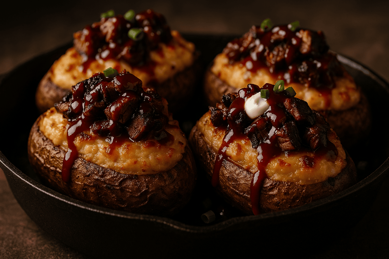 Close-up food photo of Brisket Loaded Twice Baked Potatoes in a cast-iron skillet, highlighting crispy skin, cheesy filling, and glistening BBQ sauce against a blurred background.