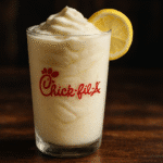 Close-up food photo of Chick-Fil-A Frosted Lemonade in a tall glass, highlighting frosty condensation and creamy texture against a soft background.