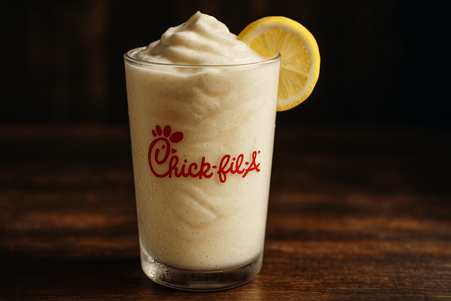 Close-up food photo of Chick-Fil-A Frosted Lemonade in a tall glass, highlighting frosty condensation and creamy texture against a soft background.