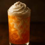 A close-up, professionally lit food photograph of a Creamsicle Dirty Soda served in a tall clear glass. The focus is on the delicious textures of the drink, like its glistening orange soda and creamy swirls, against a softly blurred background.