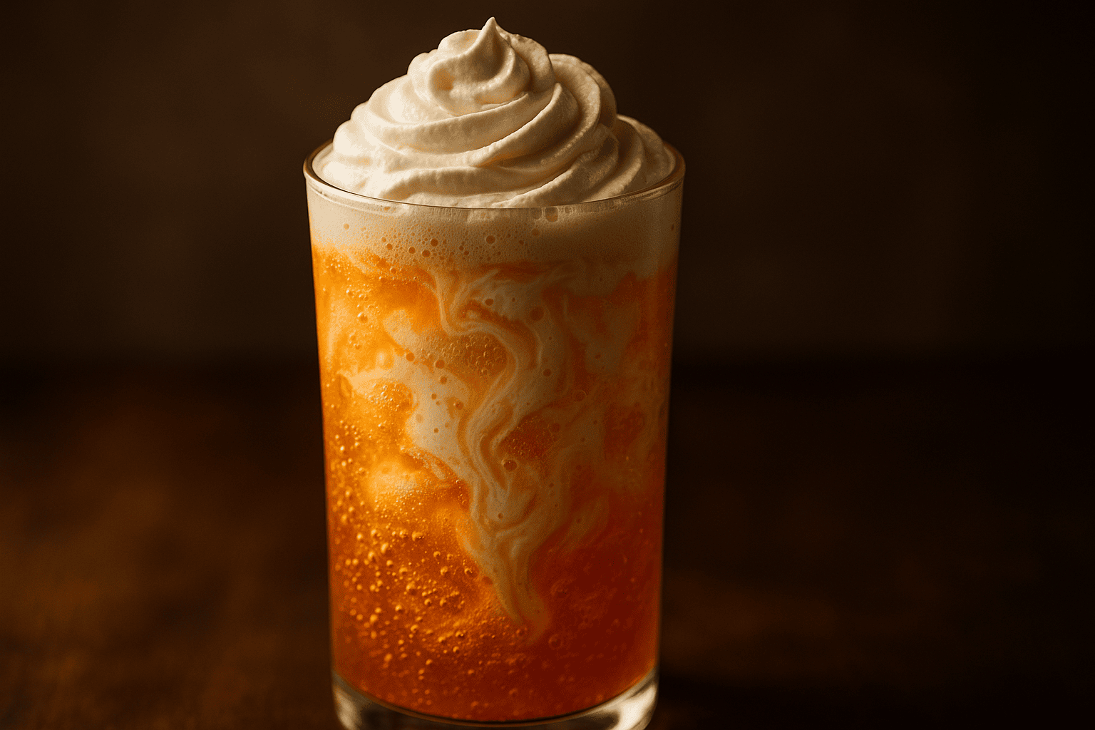 A close-up, professionally lit food photograph of a Creamsicle Dirty Soda served in a tall clear glass. The focus is on the delicious textures of the drink, like its glistening orange soda and creamy swirls, against a softly blurred background.