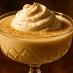 Close-up of creamy homemade eggnog in a crystal glass, garnished with nutmeg, against a softly blurred background.
