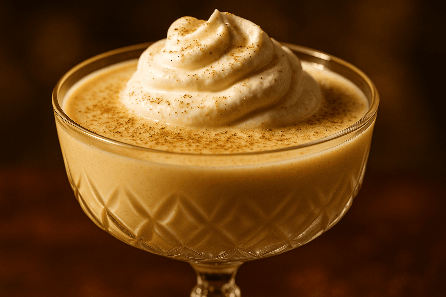 Close-up of creamy homemade eggnog in a crystal glass, garnished with nutmeg, against a softly blurred background.