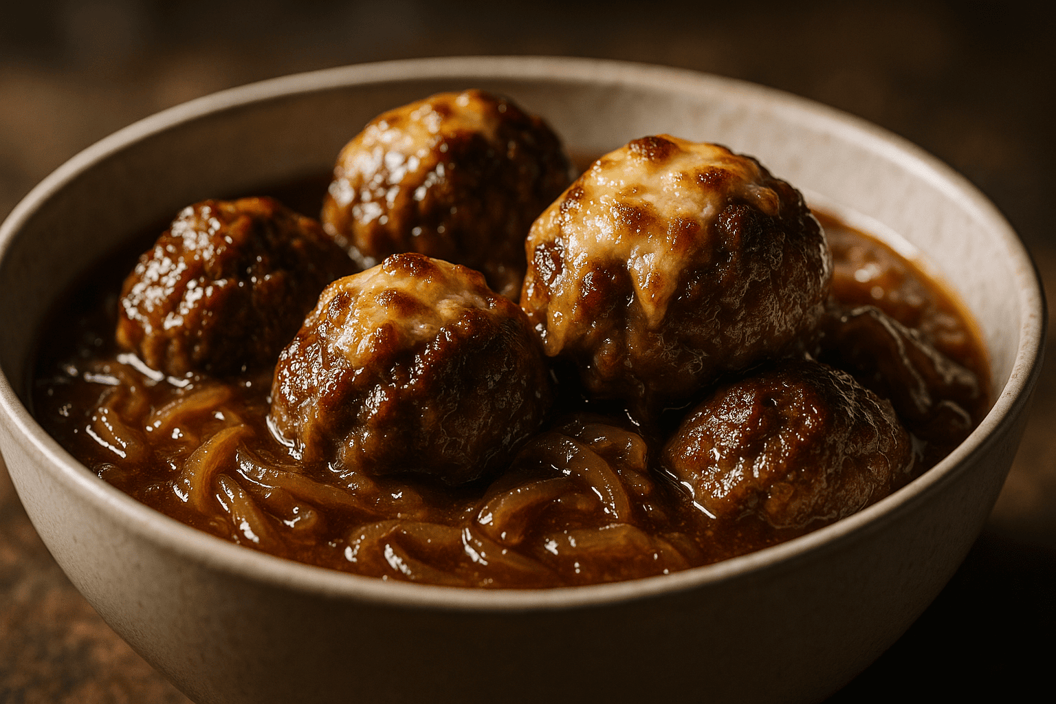 A close-up, professionally lit food photograph of French Onion Meatballs served in a modern ceramic bowl. The focus is on the delicious textures of the food, like its golden cheese and glistening gravy, against a softly blurred background.