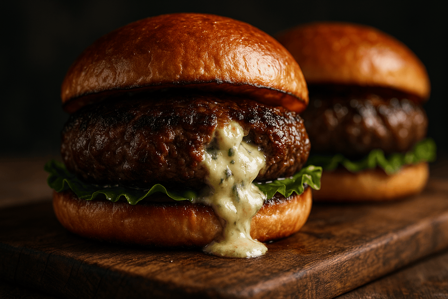 A close-up, professionally lit food photograph of Gorgonzola Stuffed Burgers on a rustic wooden board. The focus is on the delicious textures, like the oozing cheese and charred beef, against a softly blurred background.