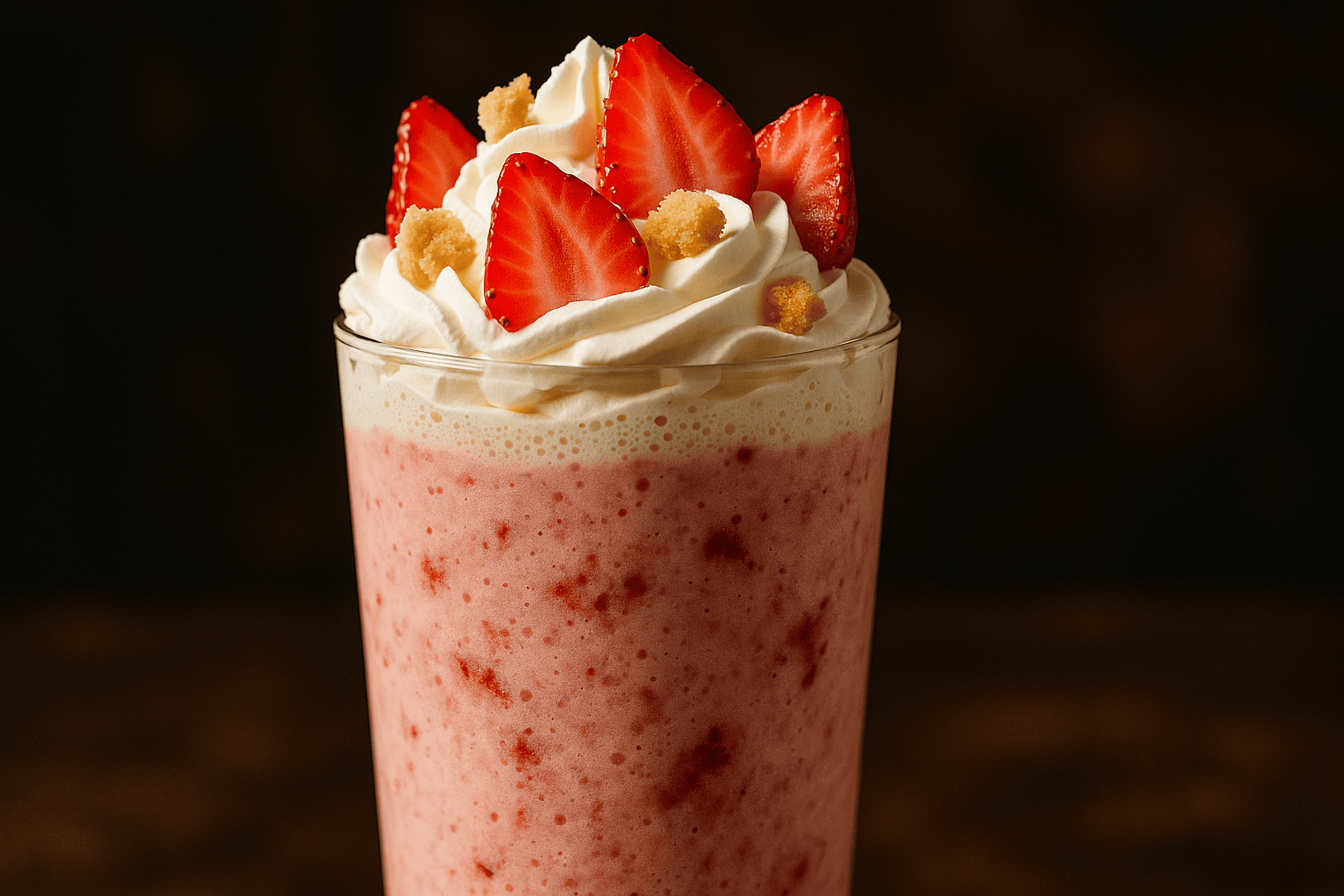 A close-up, professionally lit food photograph of a Homemade Strawberry Shortcake Frappuccino in a tall clear glass. The focus is on the creamy texture and fresh strawberry toppings against a softly blurred background.