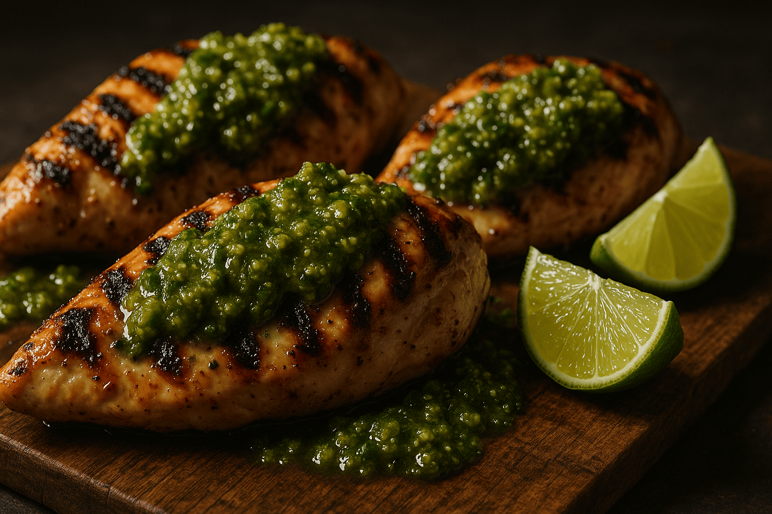 A close-up, professionally lit food photograph of Juicy Grilled Salsa Verde Chicken on a rustic wooden board, highlighting textures like charred grill marks and vibrant salsa verde against a softly blurred background.
