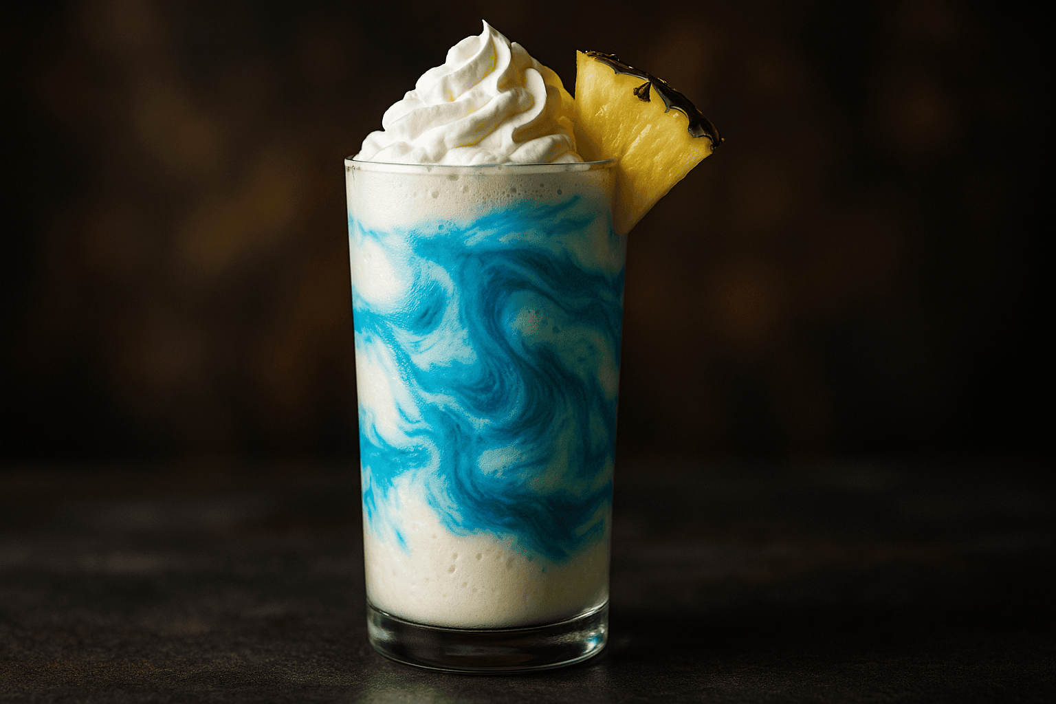 A close-up, professionally lit food photograph of an Ocean Love Colada Mocktail in a tall clear glass. The focus is on the delicious textures, like creamy coconut-pineapple layers and blue swirls, against a softly blurred background.