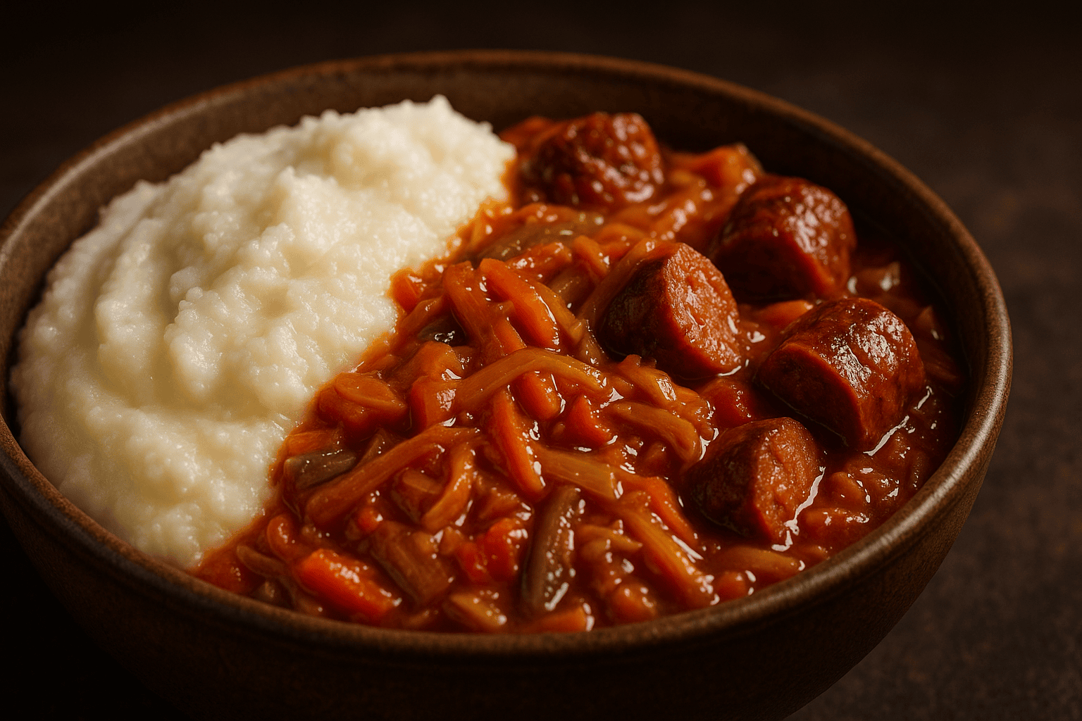 A close-up, professionally lit food photograph of Po and Chucky served in a rustic earthenware bowl. The focus is on the delicious textures of the creamy pap and spicy chakalaka against a softly blurred background.