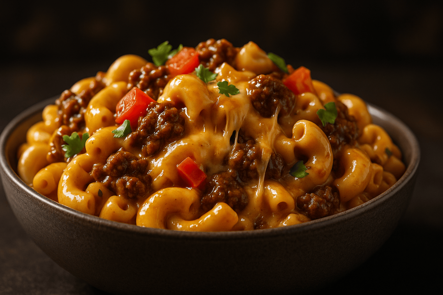 Close-up, professionally lit food photo of Queso Taco Pasta in a modern ceramic bowl, highlighting textures like the glistening sauce against a blurred background.