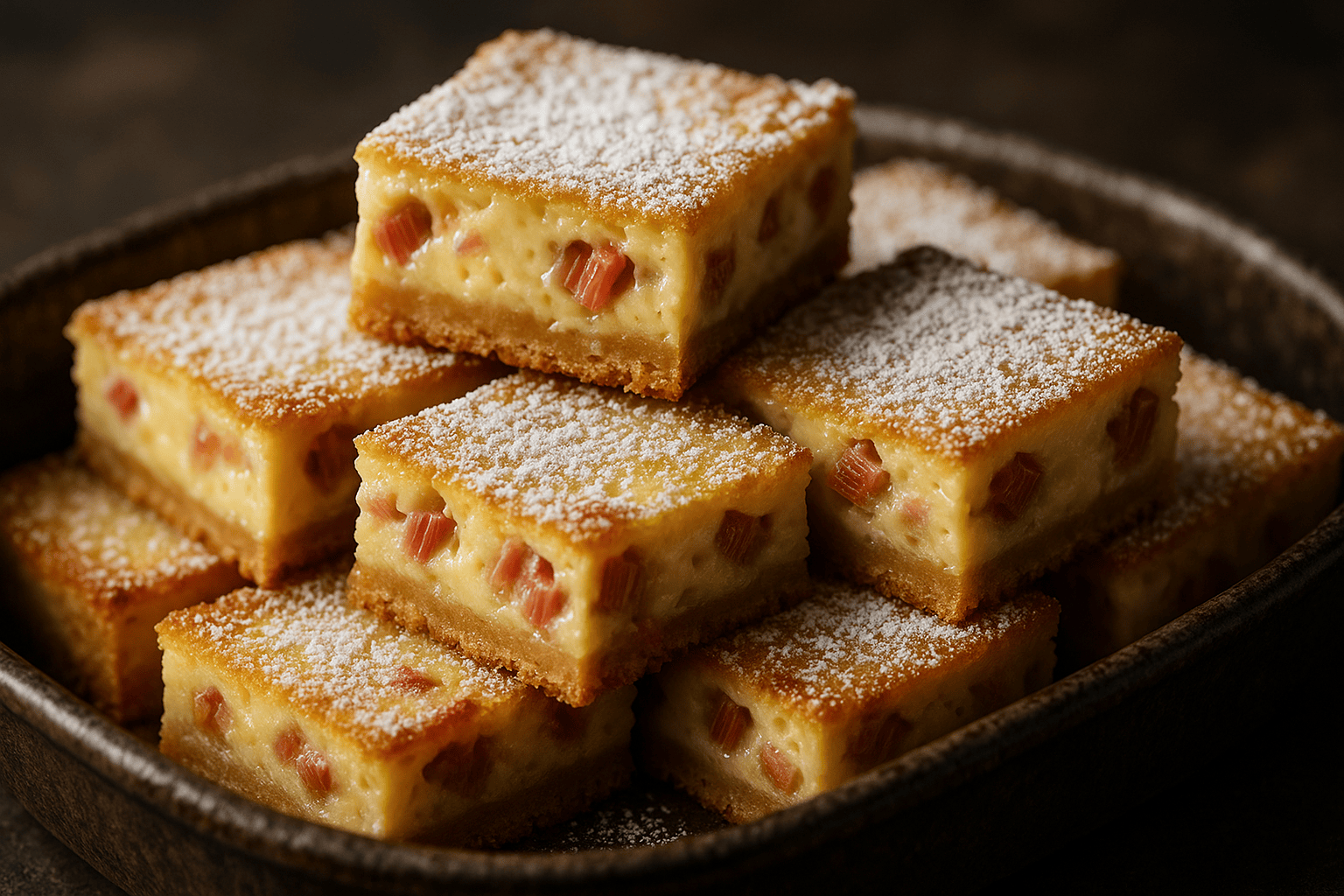 A close-up, professionally lit food photograph of Rhubarb Custard Bars served in a rustic ceramic dish. The focus is on the delicious textures of the food, like the creamy custard and tangy rhubarb pieces, against a softly blurred background.