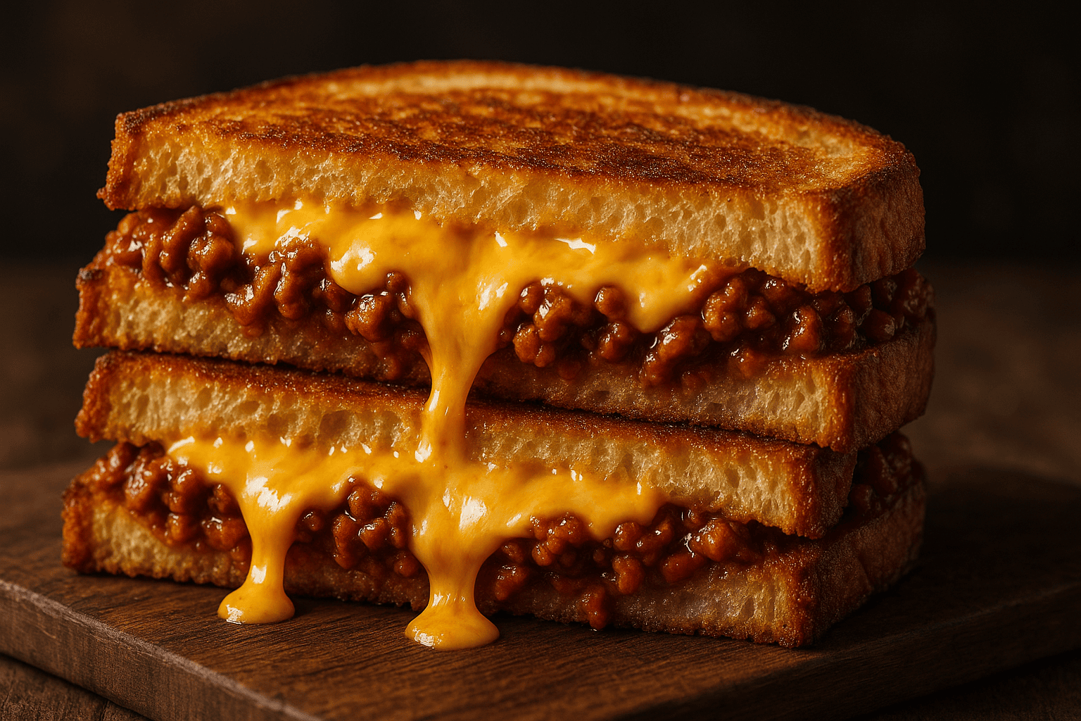 A close-up, professionally lit food photograph of a Sloppy Joe Grilled Cheese sandwich on a rustic wooden board, highlighting textures like crispy bread and melted cheese against a softly blurred background.
