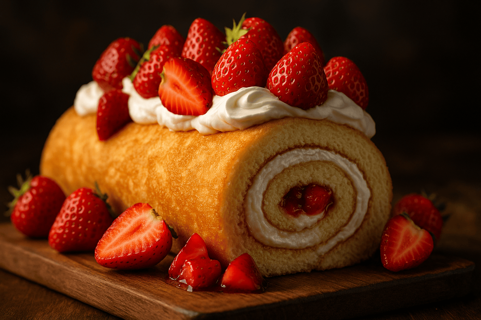 Close-up, professionally lit food photo of a Strawberry Shortcake Cheesecake Roll on a rustic wooden board, highlighting textures like creamy filling and fresh strawberries against a softly blurred background.