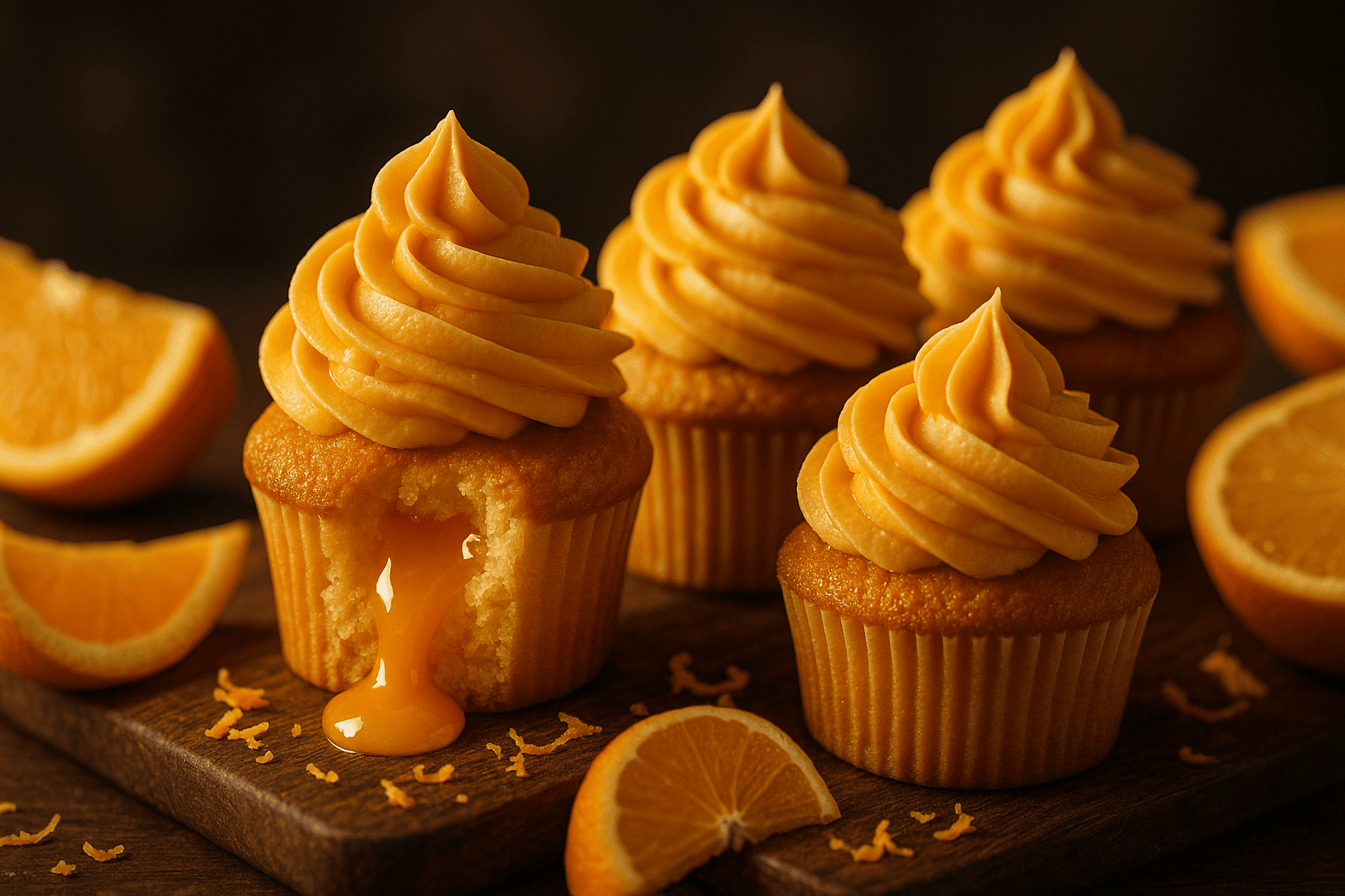 A close-up, professionally lit food photograph of Sunshine Orange Cupcakes on a rustic wooden board. The focus is on the delicious textures, like the fluffy cake and glossy orange curd, against a softly blurred background.
