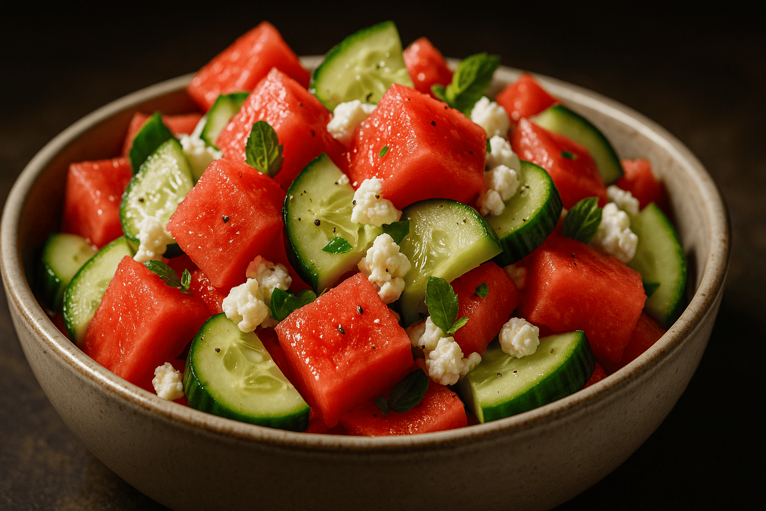 A close-up, professionally lit food photograph of a Watermelon Cucumber Feta Salad served in a modern ceramic bowl. The focus is on the delicious textures of the food, like its glistening watermelon and crisp cucumber, against a softly blurred background.