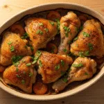A close-up of beautifully baked apricot chicken thighs with a sticky, golden glaze, garnished with fresh herbs in a white baking dish.