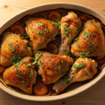 A close-up of beautifully baked apricot chicken thighs with a sticky, golden glaze, garnished with fresh herbs in a white baking dish.
