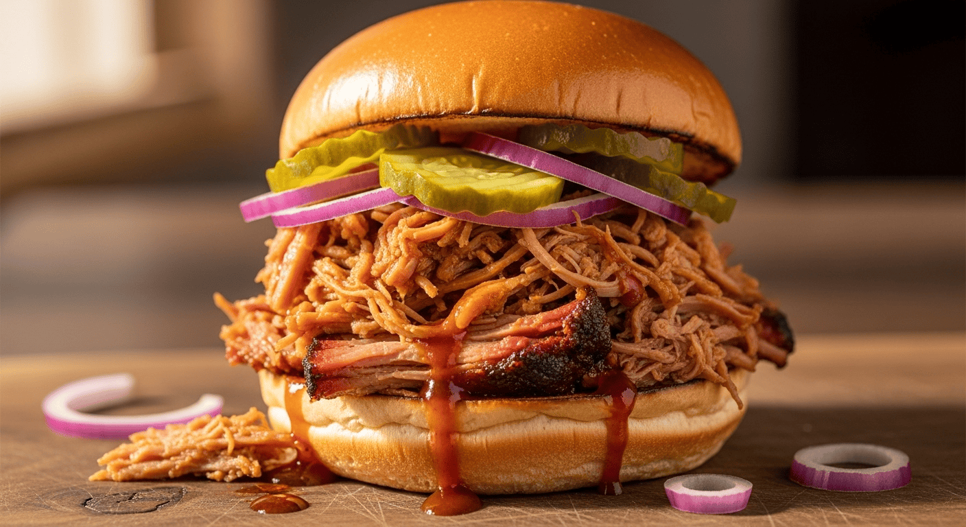 A close-up of a generously filled Slow Cooker Texas Pulled Pork sandwich on a toasted bun with pickles and coleslaw in the background.