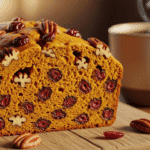 A close-up slice of moist cranberry pecan pumpkin bread, showing the rich texture, tart cranberries, and crunchy pecans, perfect for a cozy autumn morning.
