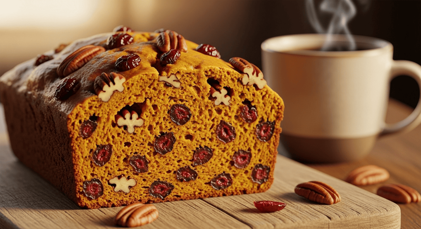 Best Cranberry Pecan Pumpkin Bread Recipe | by Tyla A close-up slice of moist cranberry pecan pumpkin bread, showing the rich texture, tart cranberries, and crunchy pecans, perfect for a cozy autumn morning.