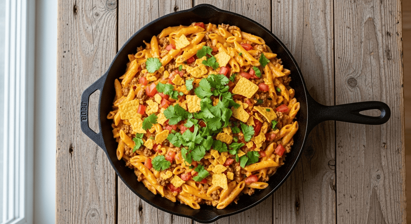 Queso Taco Pasta: Your Ultimate Easy Weeknight Dinner A close-up of a skillet filled with creamy, cheesy Queso Taco Pasta, ready to be served.