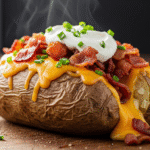A close-up of a crispy loaded baked potato with melted cheese, bacon, and sour cream on a wooden board.