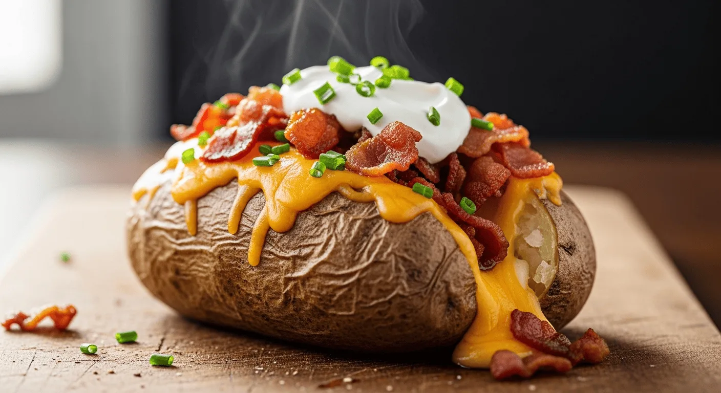 A close-up of a crispy loaded baked potato with melted cheese, bacon, and sour cream on a wooden board.