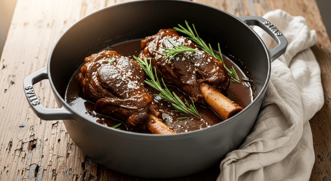 A close-up of tender stout braised lamb shanks in a Dutch oven with rich gravy and fresh rosemary.