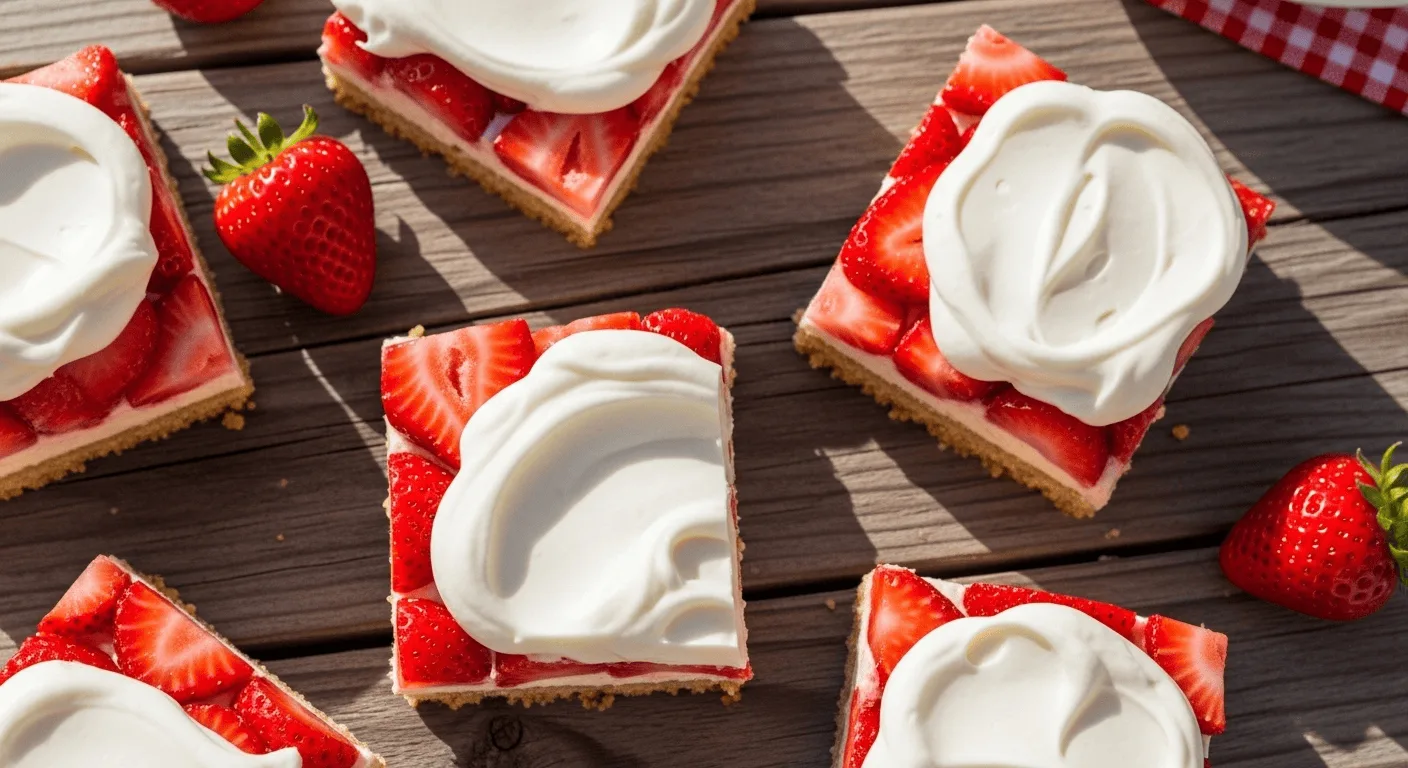 A close-up of delicious Strawberry Shortcake Bars on a white plate, garnished with fresh strawberries and mint leaves.