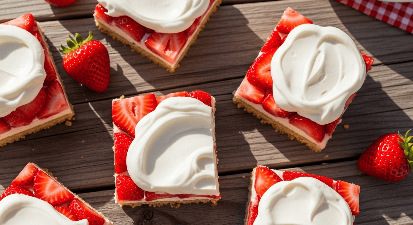 Strawberry Shortcake Bars: Easy & Dreamy Summer Dessert A close-up of delicious Strawberry Shortcake Bars on a white plate, garnished with fresh strawberries and mint leaves.