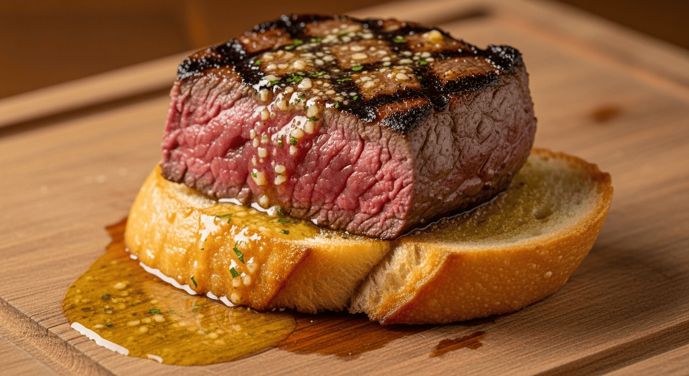 A close-up of a perfectly seared diamond cut steak with glistening garlic butter sauce served on toasted French bread on a wooden board.