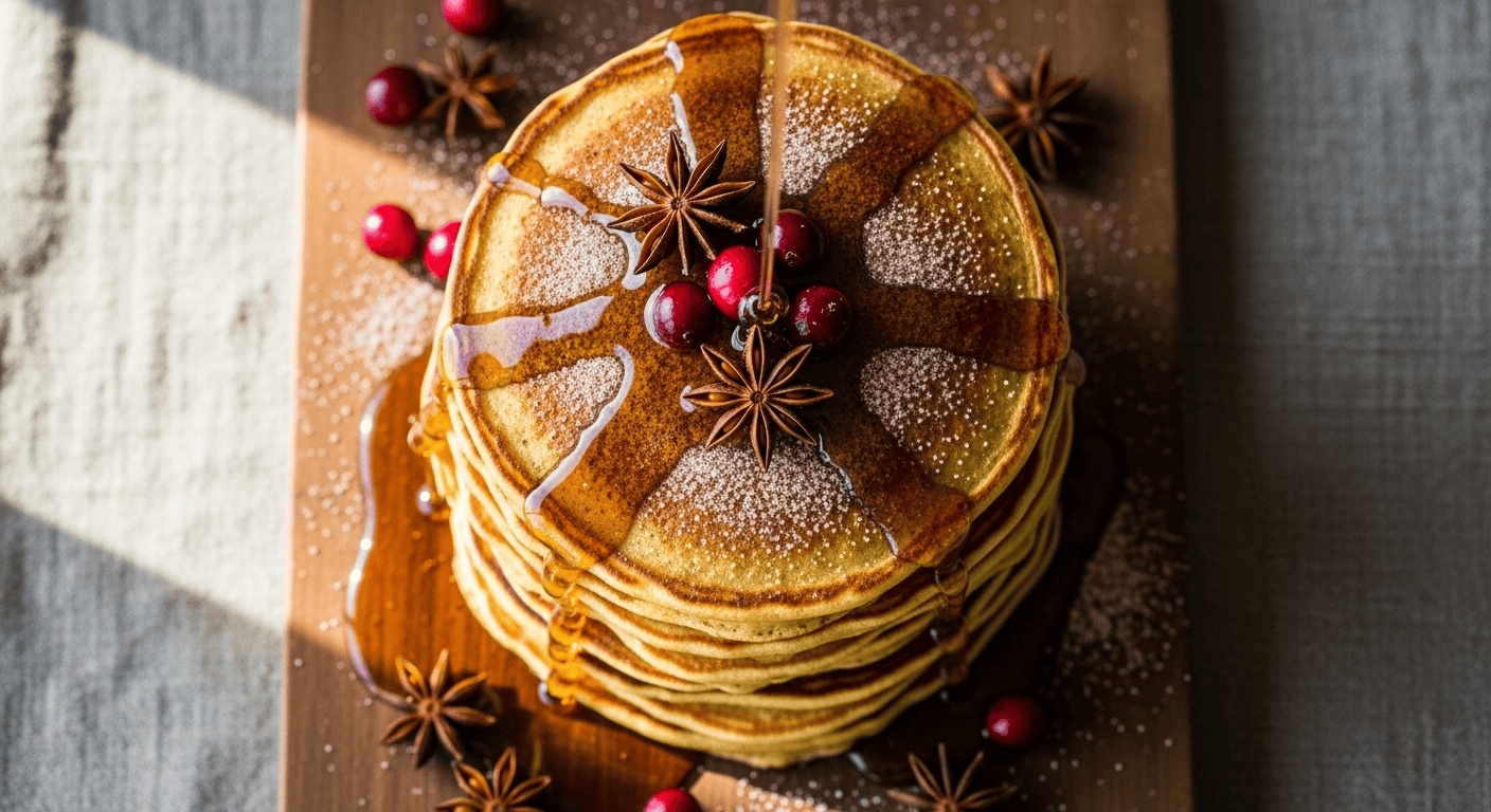 Easy Pumpkin Sausage Pancakes | By Tyla A close-up of golden easy pumpkin sausage pancakes stacked on a plate, drizzled with maple syrup.