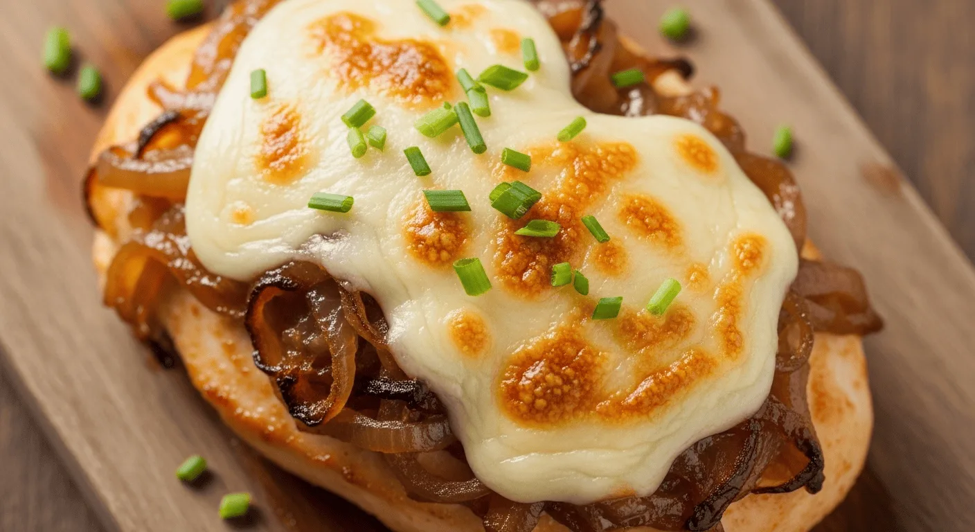 A close-up of a serving of French Onion Chicken Breast topped with melted Gruyere and fresh chives.