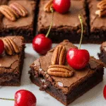 A close-up of fudgy easy cherry brownies topped with fresh cherries and a dusting of powdered sugar.