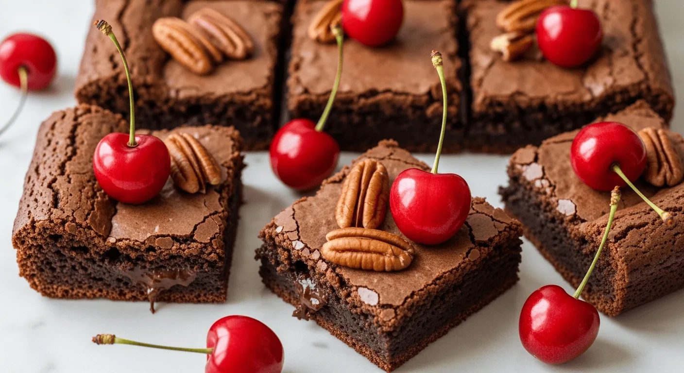 Easy Cherry Brownies Recipe: Your New Fave Treat! A close-up of fudgy easy cherry brownies topped with fresh cherries and a dusting of powdered sugar.