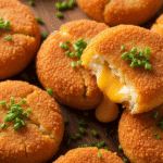 A close-up of crispy, golden brown Cheesy Stuffed Potato Cakes on a wooden board with chives, showing the melted cheese inside.