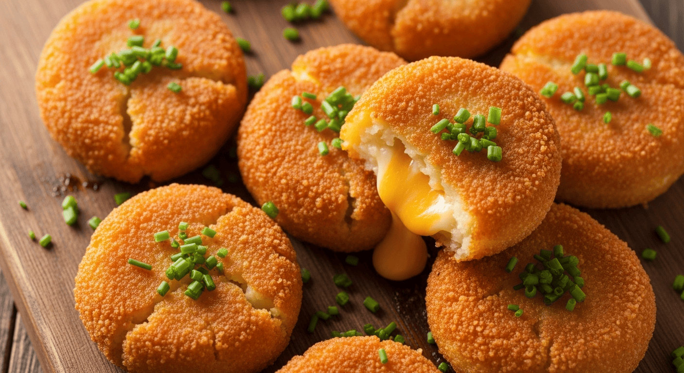 Easy Cheesy Stuffed Potato Cakes | by Tyla A close-up of crispy, golden brown Cheesy Stuffed Potato Cakes on a wooden board with chives, showing the melted cheese inside.