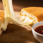 A close-up of a golden fried mozzarella in carrozza sandwich with a dramatic cheese pull, served on a rustic wooden board with marinara sauce.