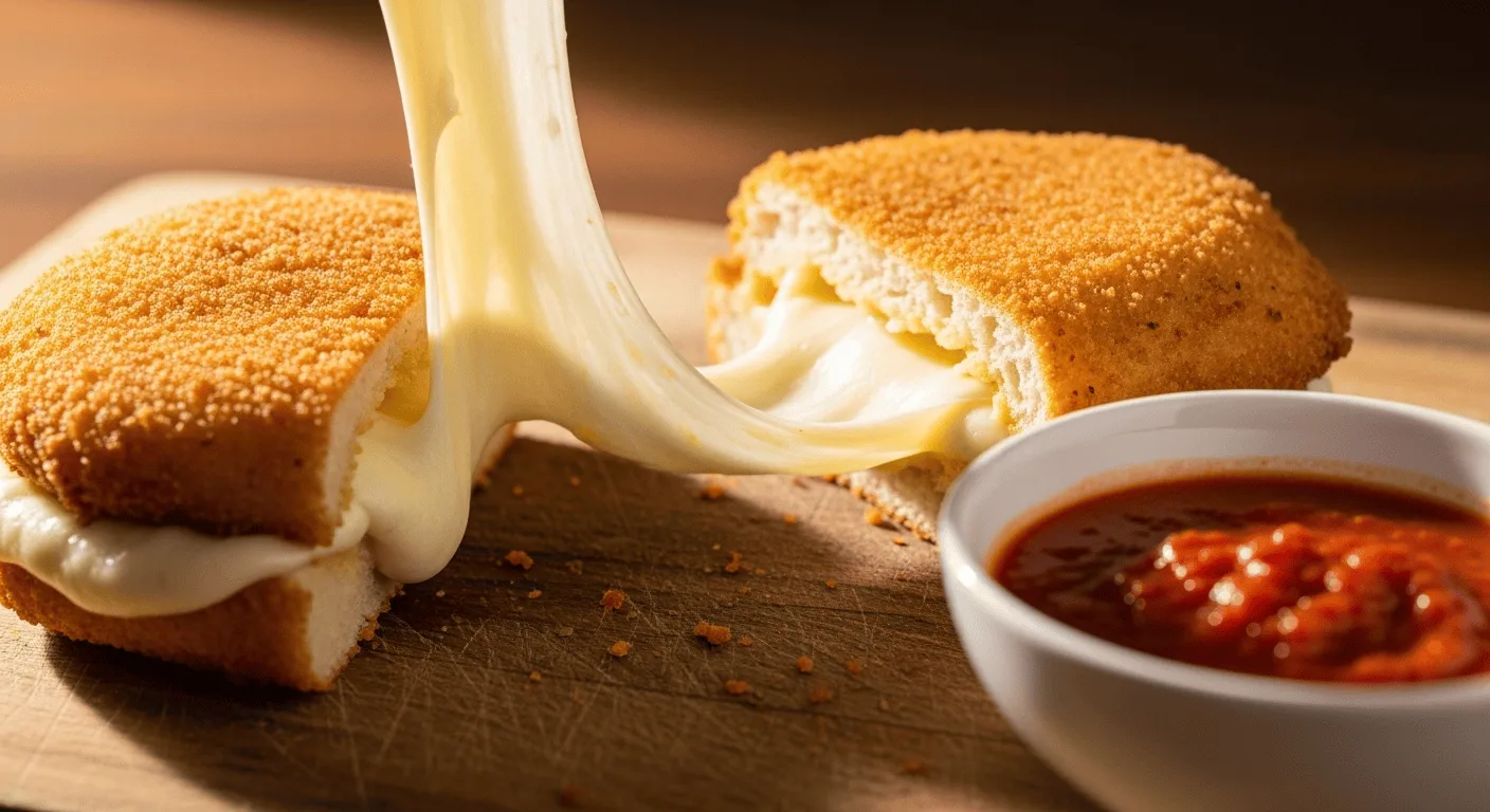A close-up of a golden fried mozzarella in carrozza sandwich with a dramatic cheese pull, served on a rustic wooden board with marinara sauce.