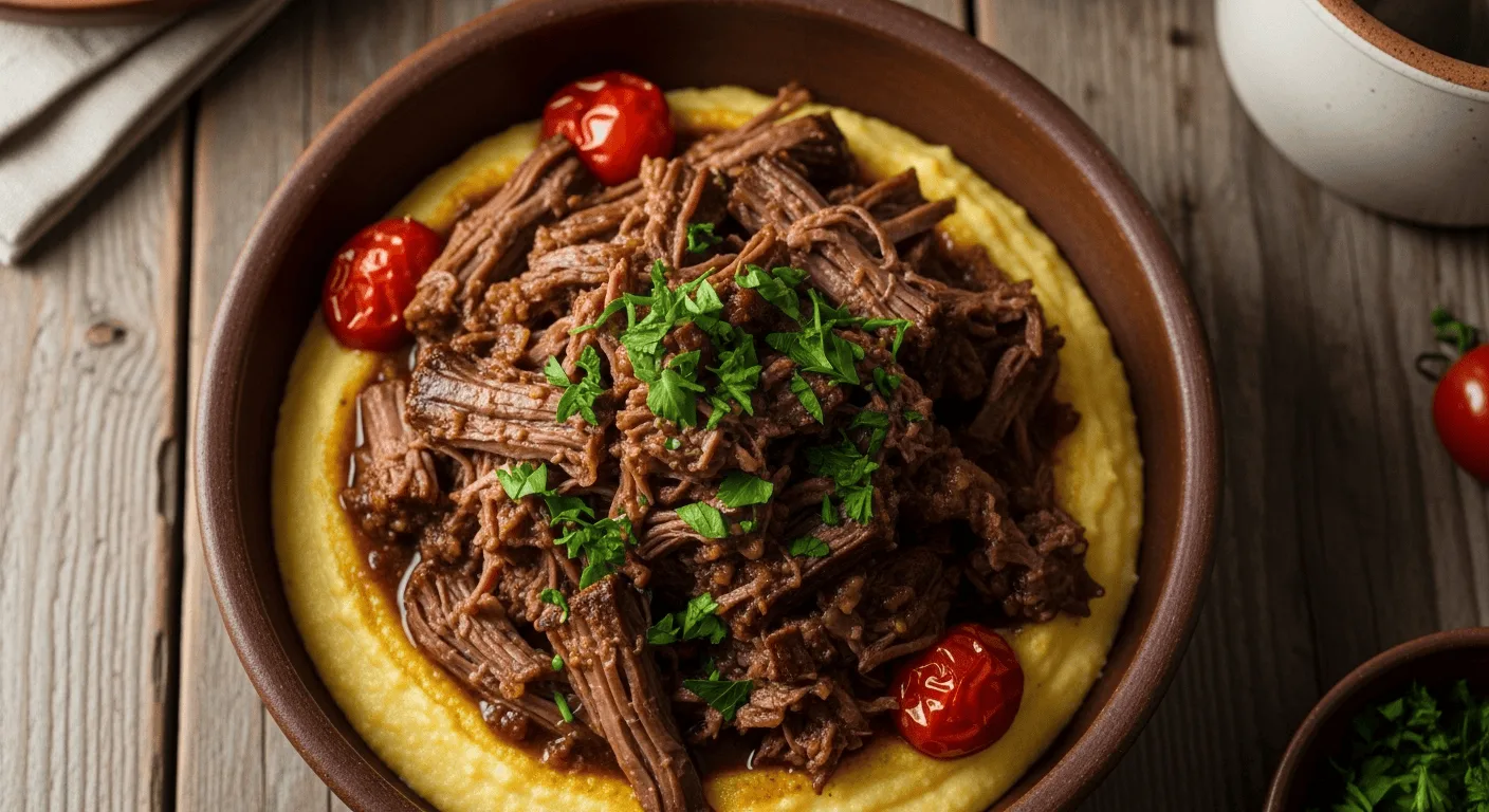 A close-up of tender, fall-apart Italian pot roast stracotto served over creamy polenta with fresh parsley.