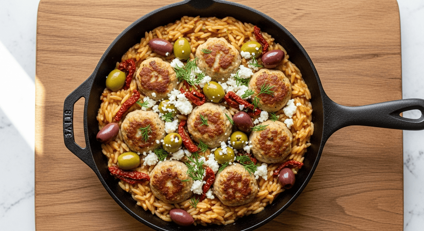 Easy One-Pan Mediterranean Chicken Meatballs | by Tyla A close-up of tender, golden one-pan Mediterranean chicken meatballs with creamy orzo, sun-dried tomatoes, and green olives in a cast iron skillet.