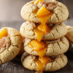 A delectable stack of homemade peach cobbler cookies with a sweet peach filling on a wooden surface.